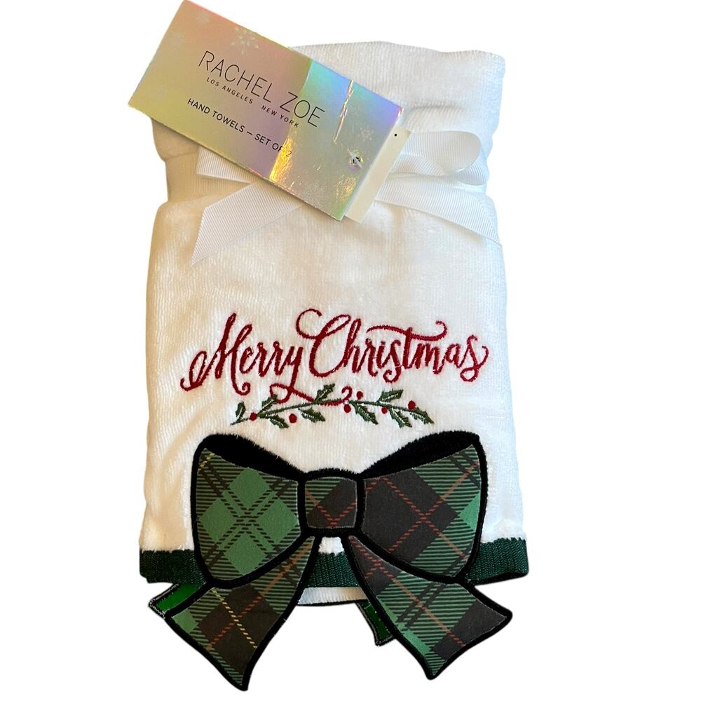 Rachel Zoe CHRISTMAS Plaid Bow Hand Towels Set of 2 Holiday Tartan New